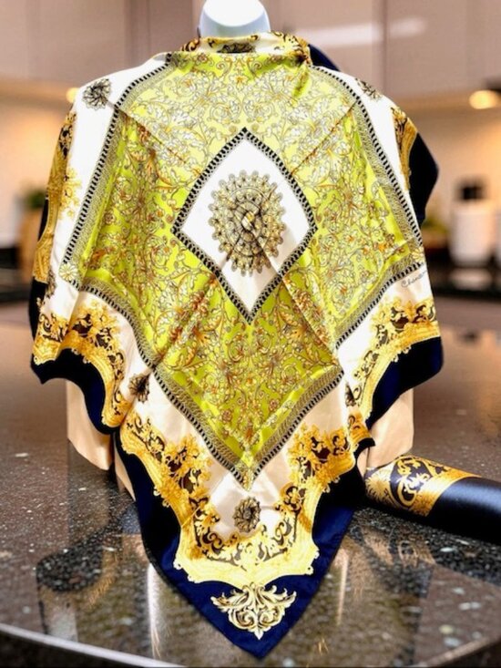 Chanson Accessories - Soft Silk Scarf Chanson Similar to Hemes beige back green Gold Mint arts 35"(17
